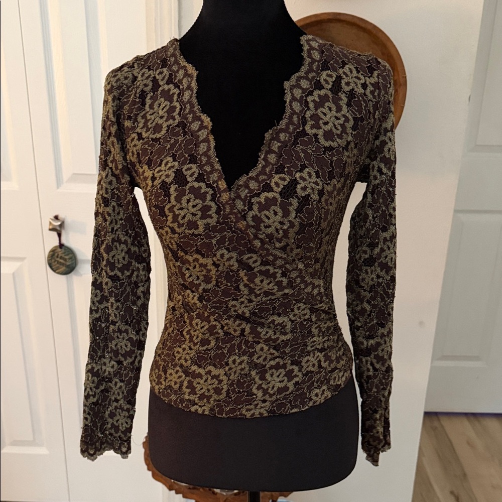 Vintage Ann Ferriday Olive and Brown Floral Lace V-Neck Long Sleeve Top